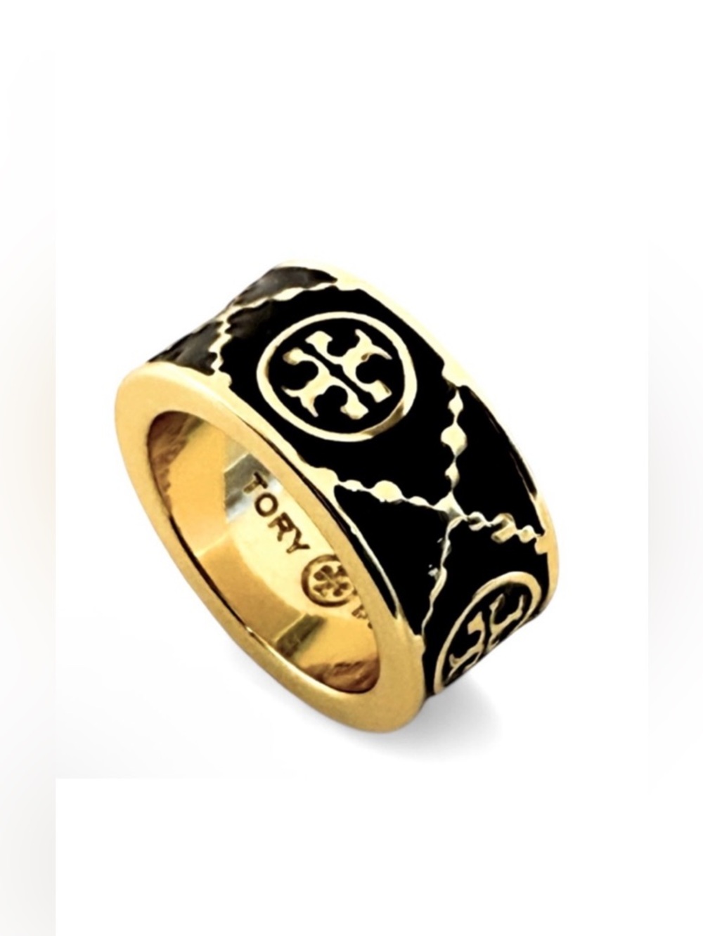 Tory Burch Gold & Black Enamel Logo Band Ring Size 5 NWOT